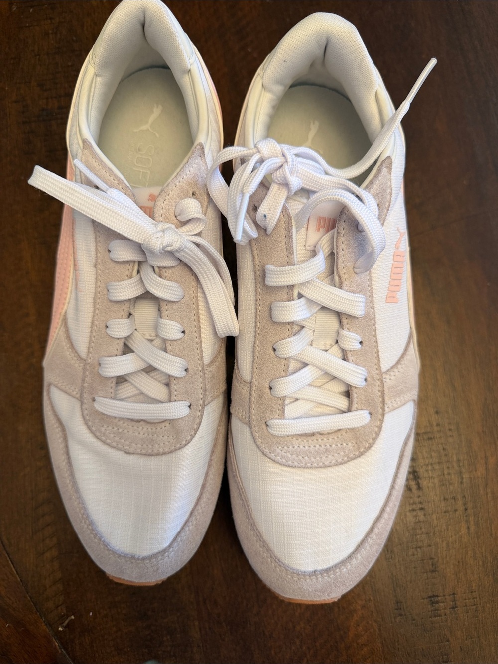 Puma Women’s White and Light Pink Suede-Trim Sneakers